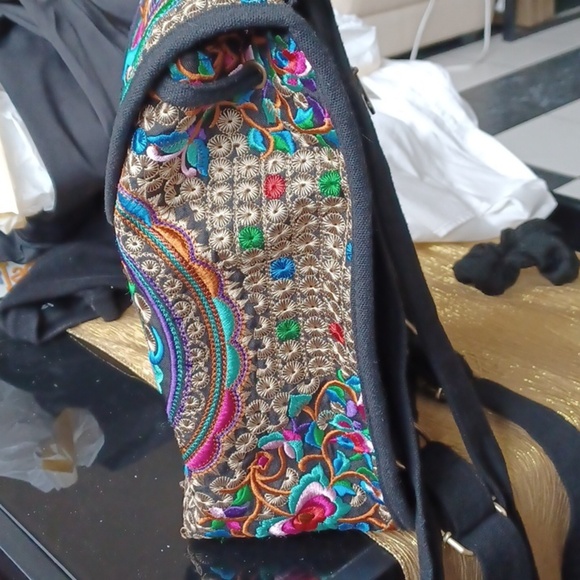 Embroidered Colorful Backpack Purse Black Sling Bird Floral Geometric, 9x11x5 main image 9